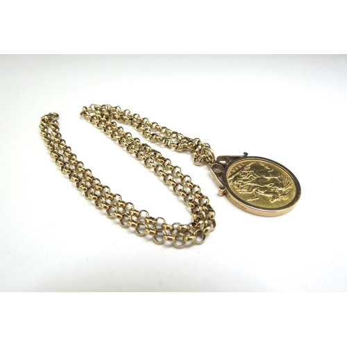 7420 - A 1902 gold sovereign in pendant mount hung on a 9ct gold belcher chain, 46cm long, 18.8g