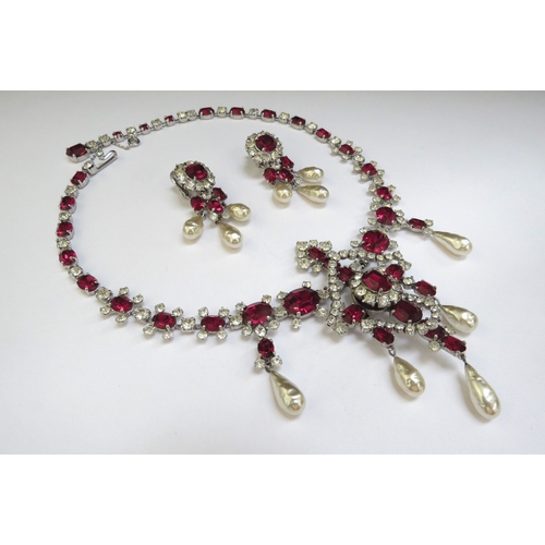 7416 - A circa 1950's Christian Dior by Mitchel Maer paste chandelier necklace and earrings, red, white pas... 