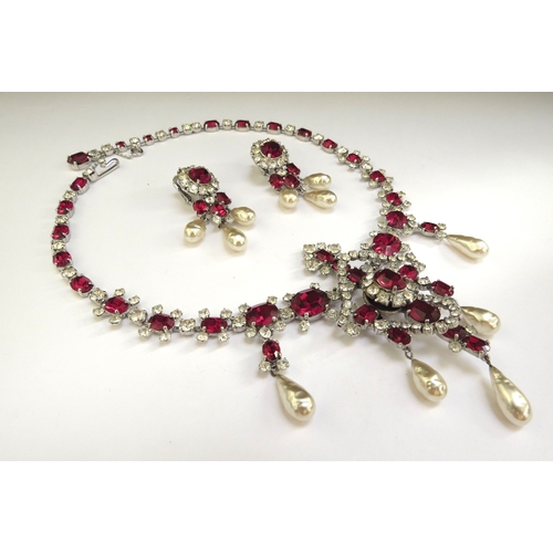 7416 - A circa 1950's Christian Dior by Mitchel Maer paste chandelier necklace and earrings, red, white pas... 