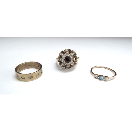 7410 - Two 9ct gold rings including stone set cluster and band and another with turquoise and seed pearl, m... 