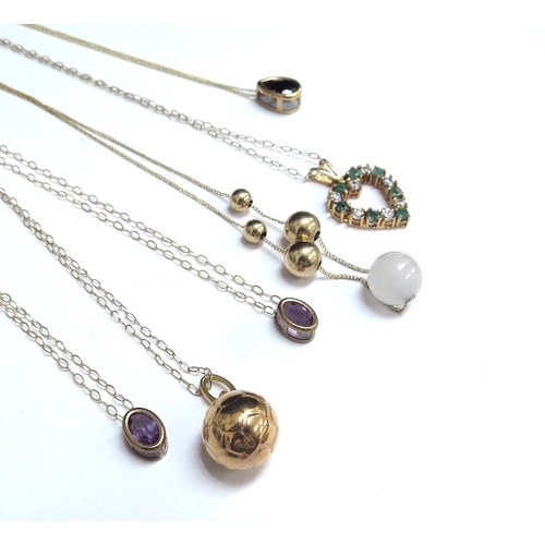 7082 - Six 9ct gold chains all hung with pendants including football, heart shaped and amethyst examples, 6... 