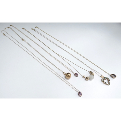 7082 - Six 9ct gold chains all hung with pendants including football, heart shaped and amethyst examples, 6... 