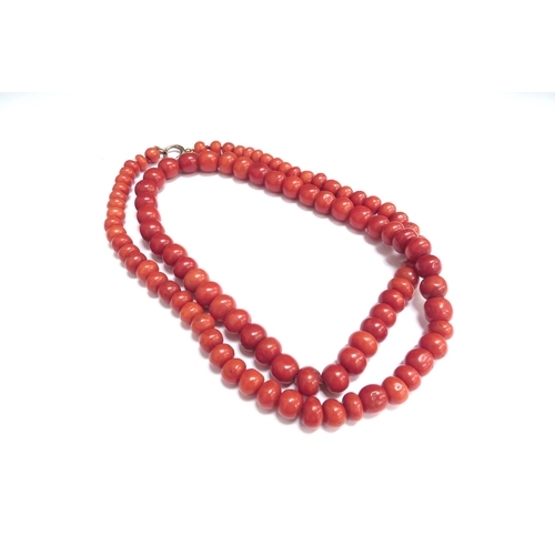 7065 - A red coral bead necklace, 66cm long, 71g    (C)