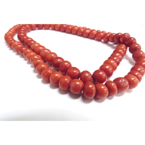 7065 - A red coral bead necklace, 66cm long, 71g    (C)