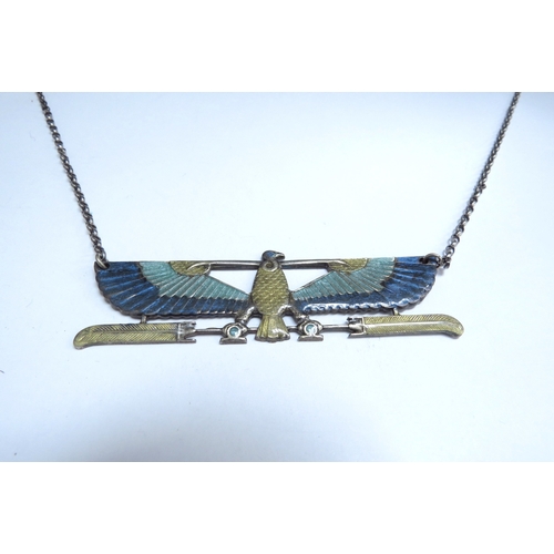 7064 - An Egyptian style enamel winged bird pendant on chain, 68cm long, stamped sterling     (C)