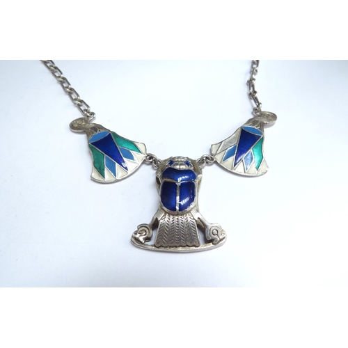 7078 - An enamel Egyptian scarab necklace with Hieroglyphics to reverse, unmarked silver, 43cm long, 29.1g ... 