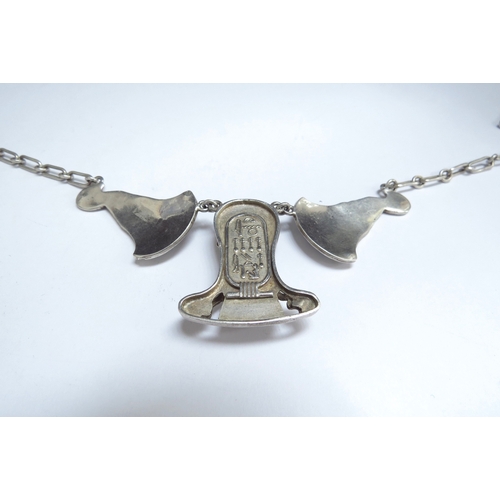 7078 - An enamel Egyptian scarab necklace with Hieroglyphics to reverse, unmarked silver, 43cm long, 29.1g ... 