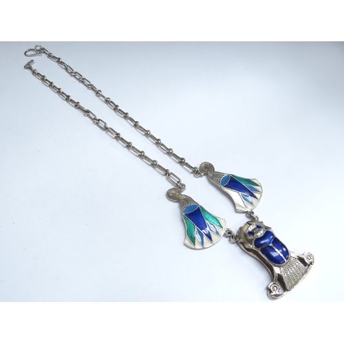 7078 - An enamel Egyptian scarab necklace with Hieroglyphics to reverse, unmarked silver, 43cm long, 29.1g ... 