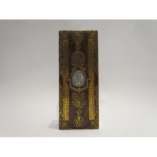 4033 - A Victorian walnut brass bound cribbage box with Jasper style plaque, 25cm long  (R)  £70