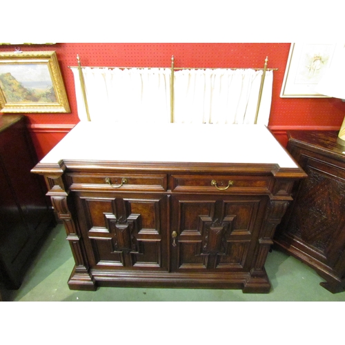 4042 - A French circa 1860 oak and burr walnut panelled buffet sideboard, the raised brass frame, scrolled ... 