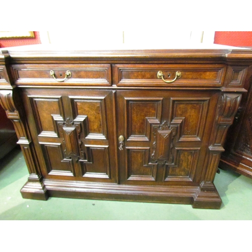 4042 - A French circa 1860 oak and burr walnut panelled buffet sideboard, the raised brass frame, scrolled ... 