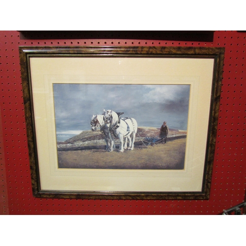 4091 - After Joan Marshall, a print depicting two heavy horses with farmer and plough, framed and glazed, 2... 