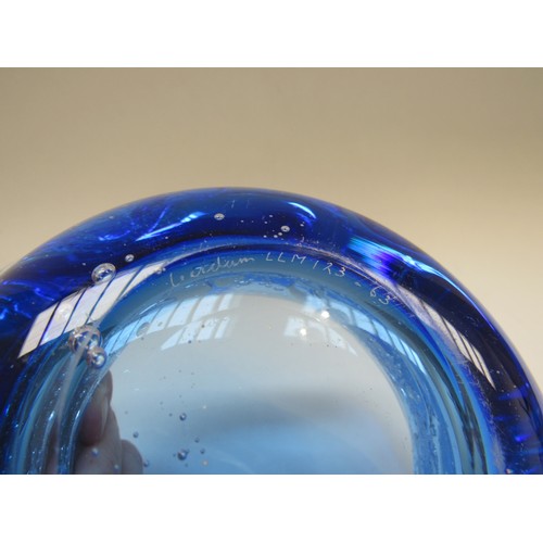 4542 - Leerdam glass, Holland, signed blue glass unique bowl designed by Floris Meydam with etched Leerdam ... 