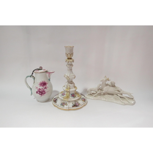 4290 - A 19th Century Continental porcelain candlestick, jug and cover and Stag and Hound figure, all a/f  ... 