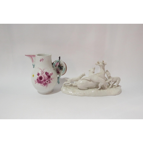 4290 - A 19th Century Continental porcelain candlestick, jug and cover and Stag and Hound figure, all a/f  ... 