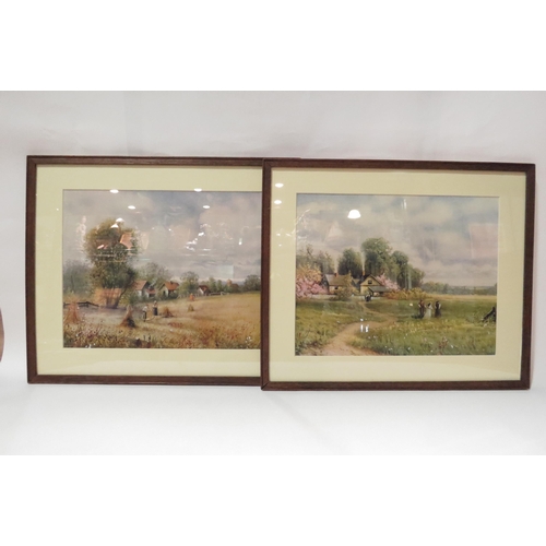 4294 - Four prints depicting a rural idyll with figures, cottages and horses, framed and glazed