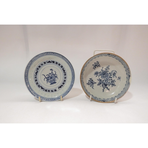 4295 - Two Oriental blue and white shallow dishes, one with damage to rim, one with character marks to base... 