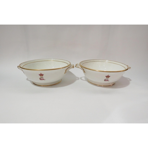 4304 - Two Victorian Minton porcelain bowls with Armorial Crests, 20.5cm diameter, one with both handles re... 