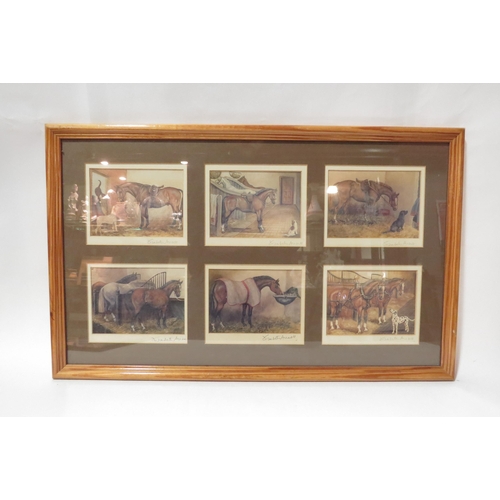 4308 - Three etchings and a set of six postcard size watercolours depicting horses in a stable setting, all... 