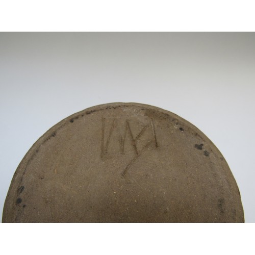 4314 - A studio pottery jug in the Leach tradition, incised detail in mottled brown glaze. Incised mark to ... 