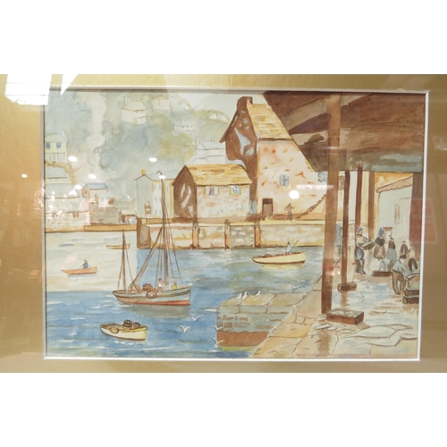 4321 - Two watercolours depicting a harbour scene with boats and figures and a courtyard scene with figures... 