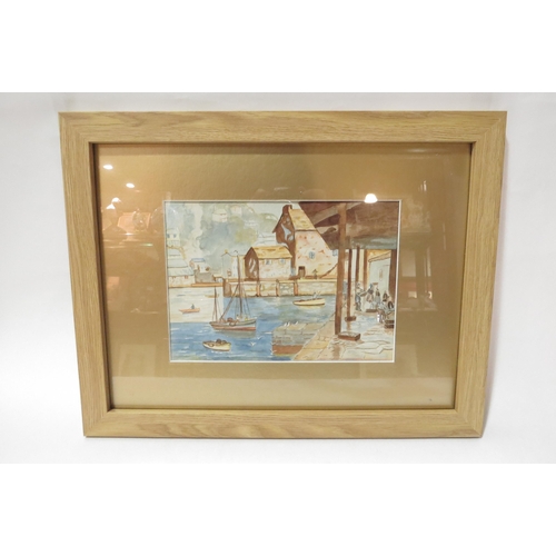 4321 - Two watercolours depicting a harbour scene with boats and figures and a courtyard scene with figures... 