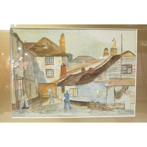 4321 - Two watercolours depicting a harbour scene with boats and figures and a courtyard scene with figures... 