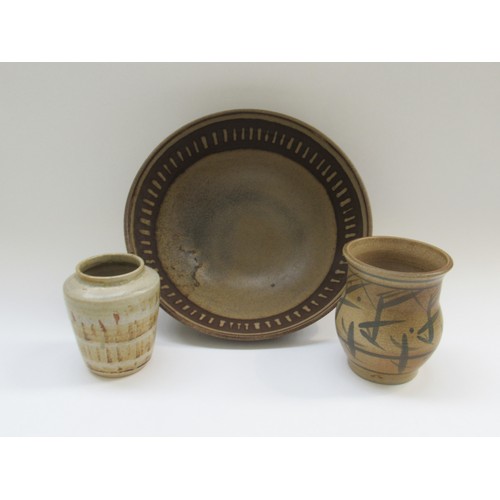 4323 - A large Dersingham studio pottery bowl, 29cm diameter and two studio pottery vases, both signed, tal... 