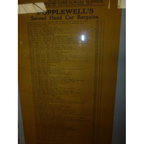 6040 - A framed 'Popplewells Garage of Woodbridge' Secondhand car sales advertising list 50cm x 40cm reprod... 