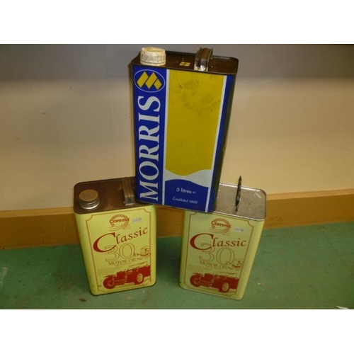 6098 - Two 5 litre Classic 30 motor oil tins and a 5 litre Morris oil tin, all with contents