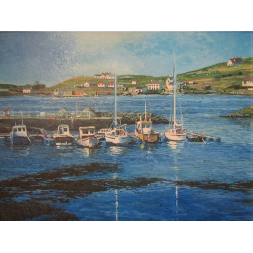 4218 - An oil on board depicting boats in quay to middle ground houses on hill, framed, 48cm x 58cm image s... 