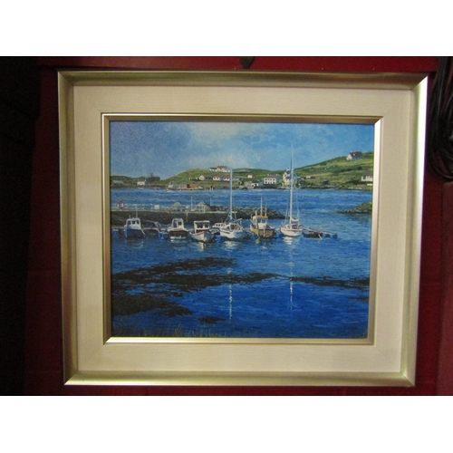 4218 - An oil on board depicting boats in quay to middle ground houses on hill, framed, 48cm x 58cm image s... 