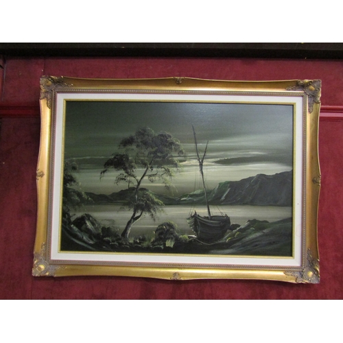 4221 - A monotone oil on board of lakeland scene, boat to foreground, signed lower right, gilded frame, 58c... 