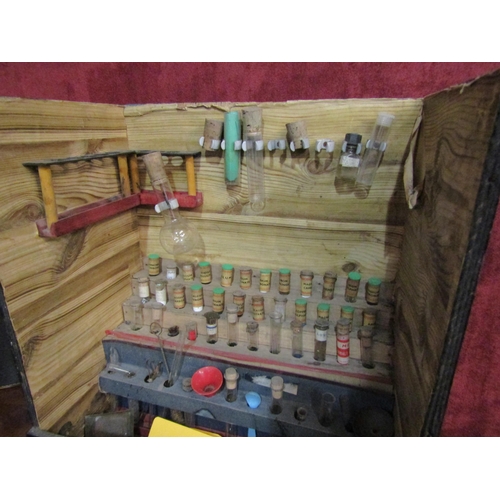 4223 - A pine chemist box with contents in glass tubes