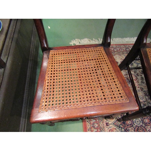 4249 - A pair of early Victorian ash and elm cane seat chairs with turned and fluted central bar back on tu... 