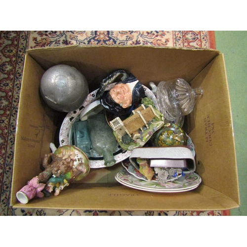 4263 - A box of miscellaneous ceramics and glassware including Minton, Royal Doulton character jugs, pewter... 