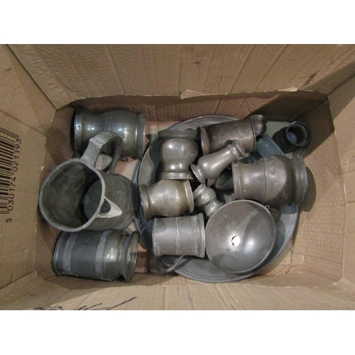 4266 - A box of miscellaneous pewter ware, plates, tankards, wine funnel, pepperettes etc     (R) £30