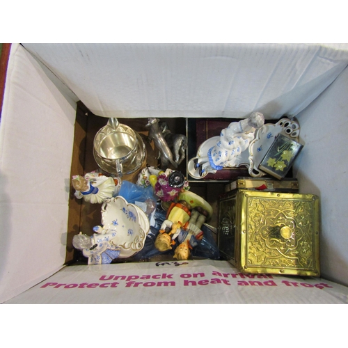 4273 - A box containing Bryant & May daffodil matchbox holder, silver plated dogs, figures, etc