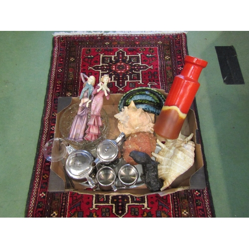 4277 - A mixed lot of seashells, figurines, West German vase, slate bird figure, glassware, Swan Brand stai... 