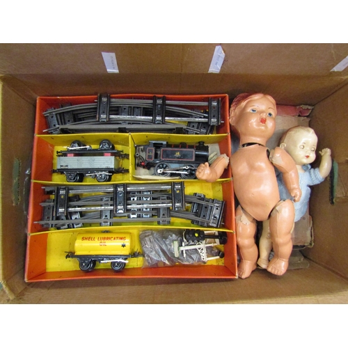 4278 - A collection of mixed vintage toys including Hornby 0 gauge Tank Goods Set No.45, boxed points, trac... 