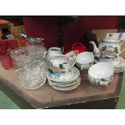 4280 - A collection of mixed; Geisha tea set, cranberry glasses, coins, etc