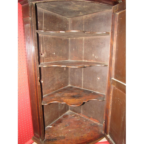 4043 - A George III bow front mahogany wall hanging corner cupboard with 