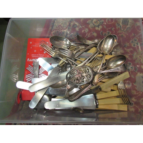 4079 - A box containing plated flatware including ivorine handled knives