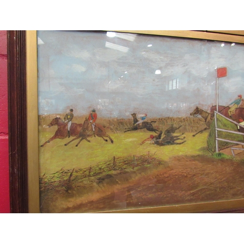 4132 - After G.D.GILES an overpainted horse racing print, oak framed and glazed, 52cm x 99cm image size