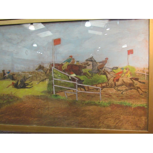 4132 - After G.D.GILES an overpainted horse racing print, oak framed and glazed, 52cm x 99cm image size