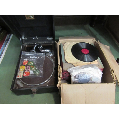 4173 - WITHDRAWN: An His Master's Voice gramophone with a small selection of needle tins and a box of 8