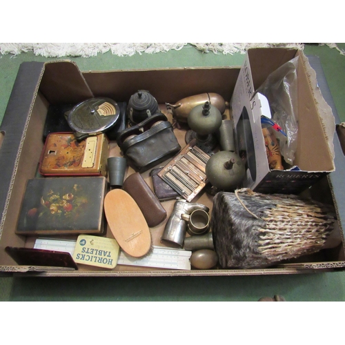 4174 - A mixed lot of bygones including opera glasses, Calendox perpetual calendar, counter bells, bottle o... 