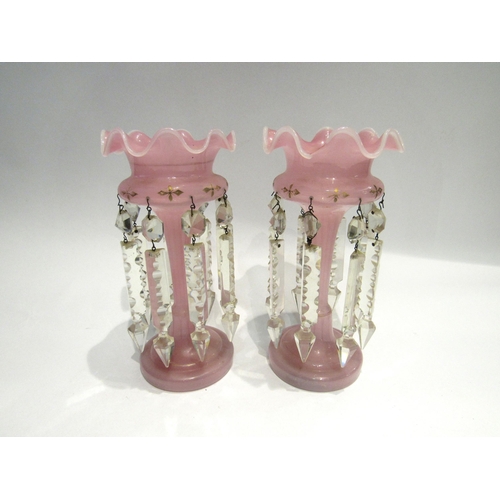 4178 - A pair of pink glass lustres, wavy rim, 25cm tall, gilt highlights