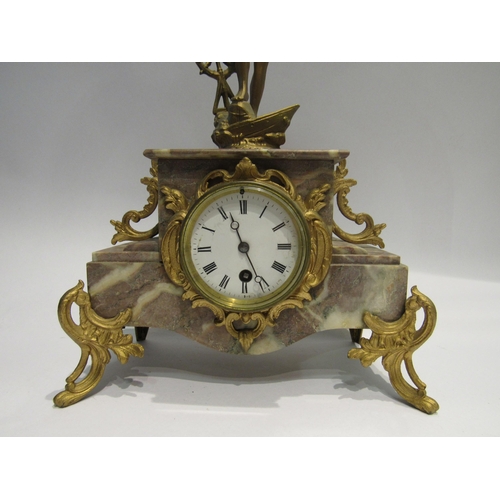 4179 - A French marble mantel clock surmounted by an ormolu figure, 45.5cm high