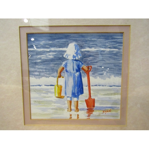 4320 - JOHN RYAN: A watercolour of Girl at sea with bucket and spade, signed lower right, framed and glazed... 